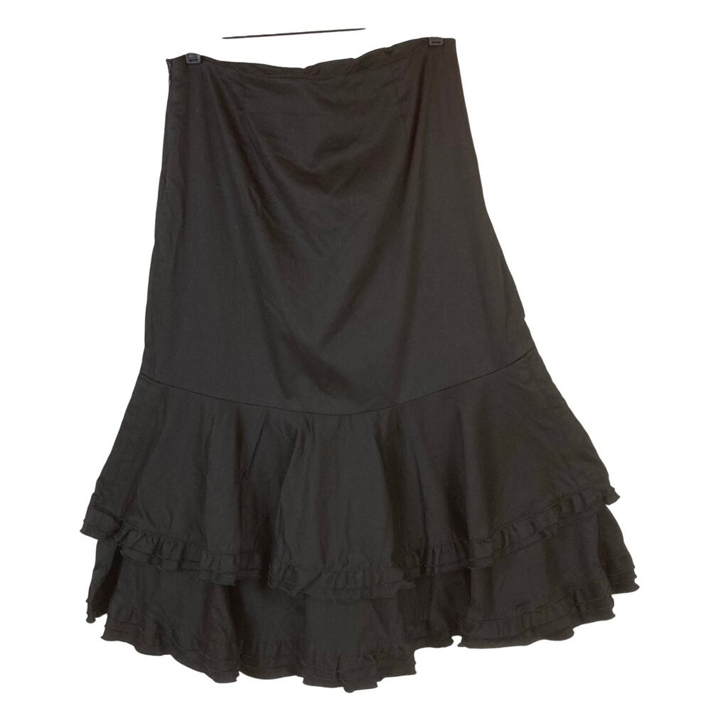 VTG Anthropologie Odille Skirt 2 Black Tiered Ruffles Zip Midi Y2K Dramatic Chic